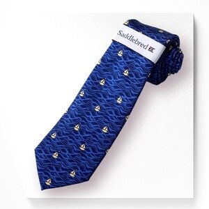Saddlebred 100% Silk Tie Sailboat Print Classic Style Lined Blue/Yellow